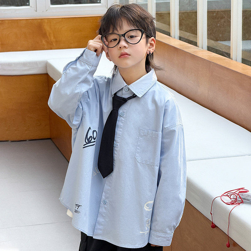 男童长袖领带衬衫休闲百搭蓝色韩版儿童男孩衬衣110~170男孩上衣