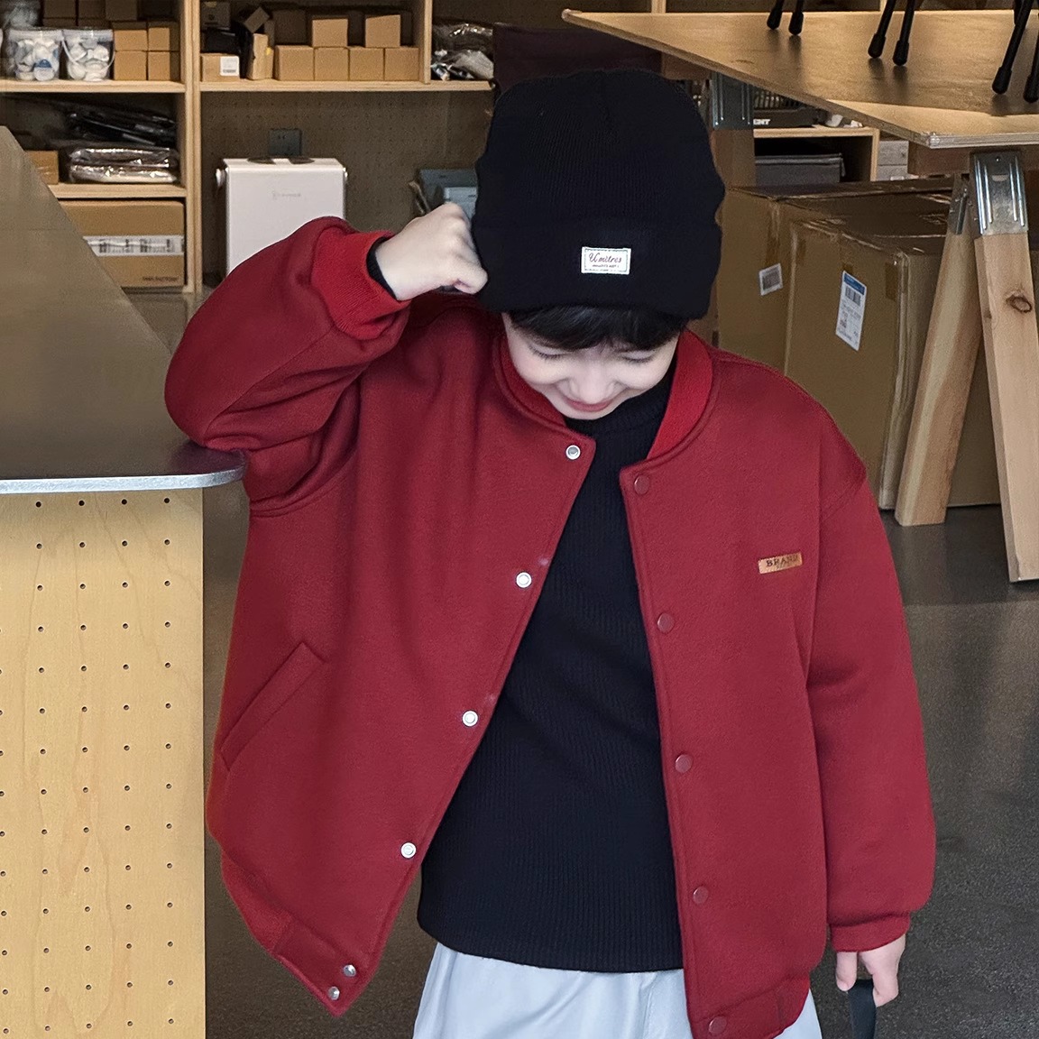 潮宝男孩棒球服夹棉外套加厚贴标