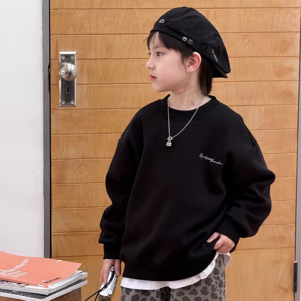 男童加绒卫衣冬装小男孩保暖上衣内搭时尚休闲红色黑米杏100~160