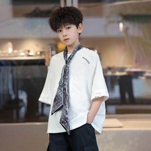 男童纯棉字母中袖T恤男孩中大童韩版洋气百搭休闲白色半袖体恤衫