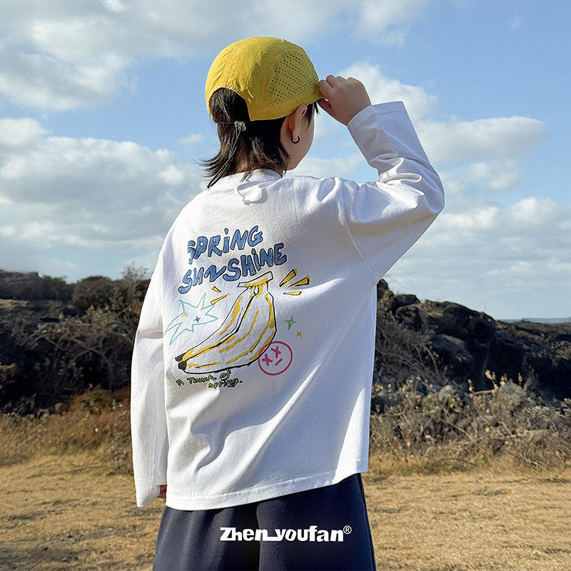 男童纯棉长袖T恤26春装儿童圆领印花上衣百搭休闲深紫白色110~170