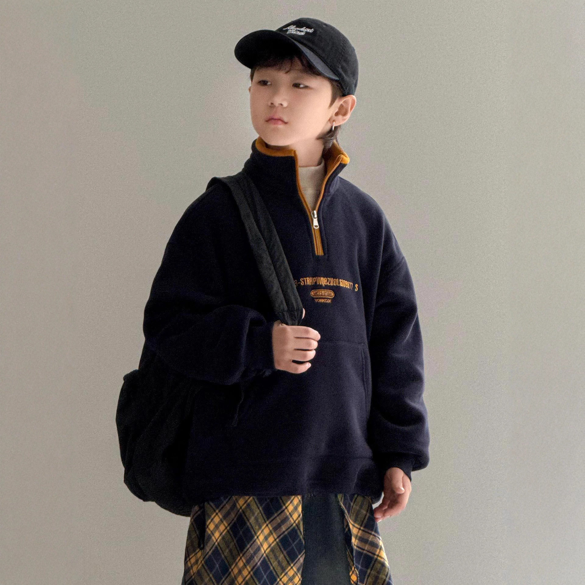 男童加绒卫衣儿童拉链立领一体绒加厚内搭上衣冬装藏青色130~180