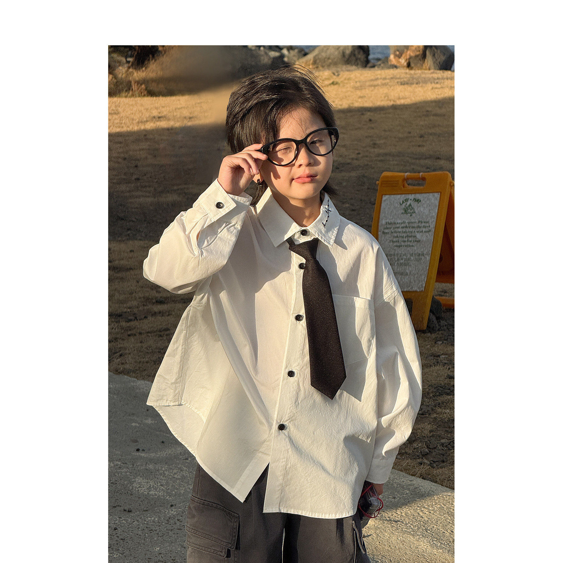 男童纯棉衬衫26春新款儿童白色帅气翻领长袖上衣百搭休闲110~170