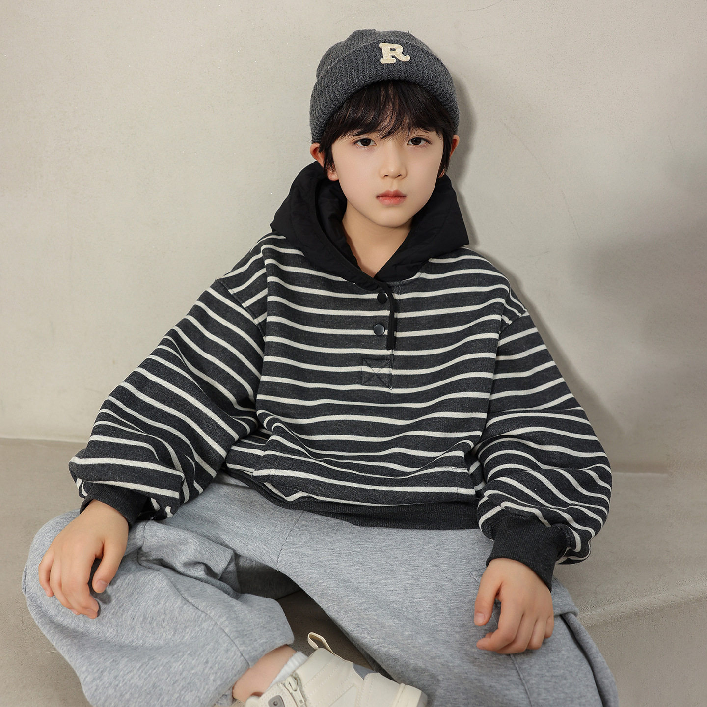 2025秋季新款男童连帽卫衣条纹加绒熊猫圆圆中大童儿童帽衫上衣潮