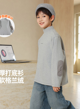 男孩半高领加绒t恤儿童加厚打底衫保暖内搭上衣120~170灰色冬装款