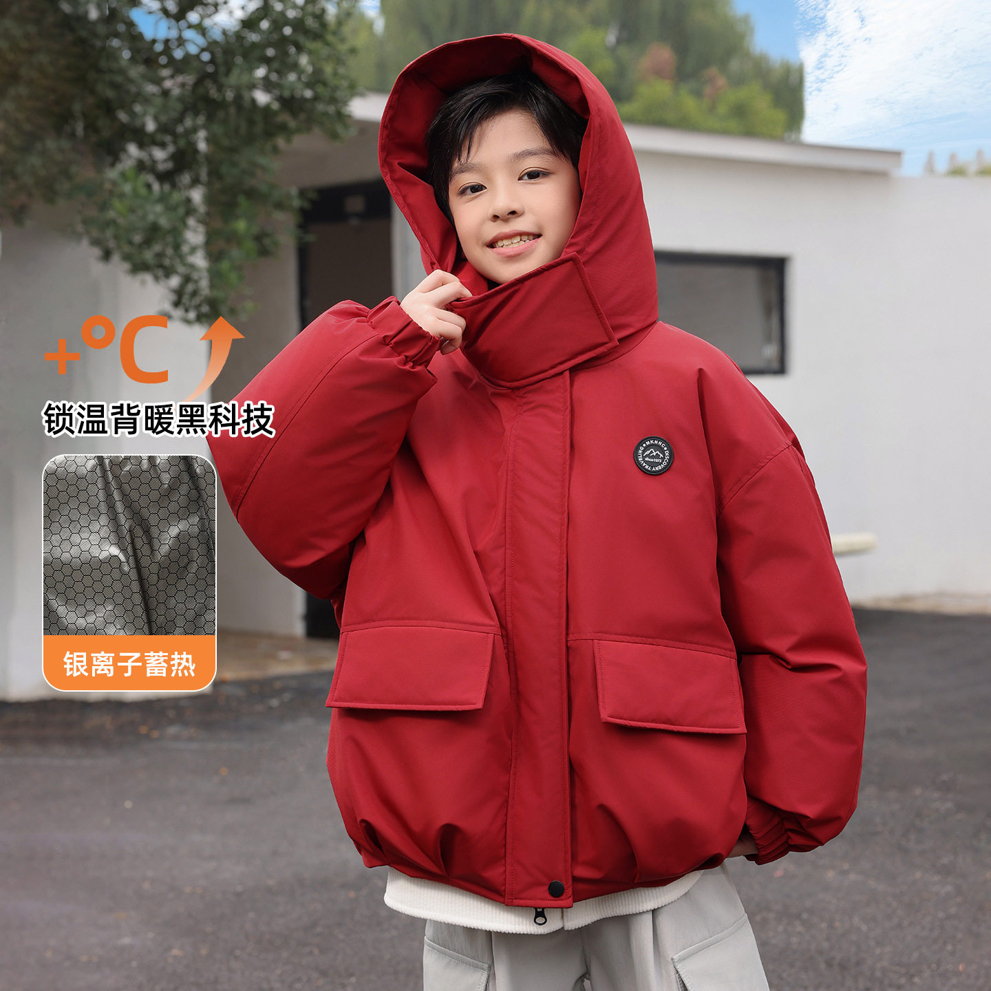大男孩90白鸭绒高充绒外套学生男童三防羽绒服加厚工装红黑黄红色