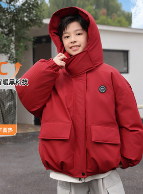 大男孩90白鸭绒高充绒外套学生男童三防羽绒服加厚工装红黑黄红色