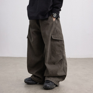 男孩加绒休闲裤子时髦潮流冬新款儿童阔腿裤男童加绒工装裤深咖色