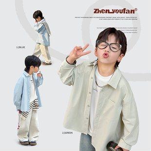 中大男童衬衫韩版休闲儿童男孩春夏薄款衬衣外套浅蓝米色110~120