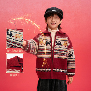 潮宝男孩翻领针织开衫提花时尚儿童拉链毛衣保暖红色黑110~170冬