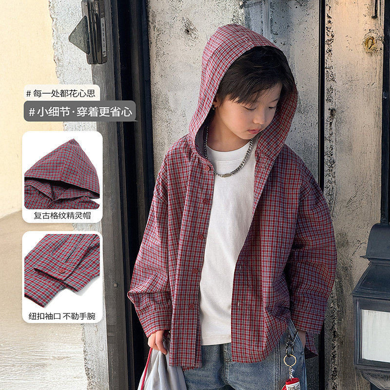 中大男童连帽衬衫外套格子休闲男孩儿童帽衫上衣宝蓝红灰色春装新