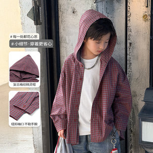 中大男童连帽衬衫外套格子休闲男孩儿童帽衫上衣宝蓝红灰色春装新