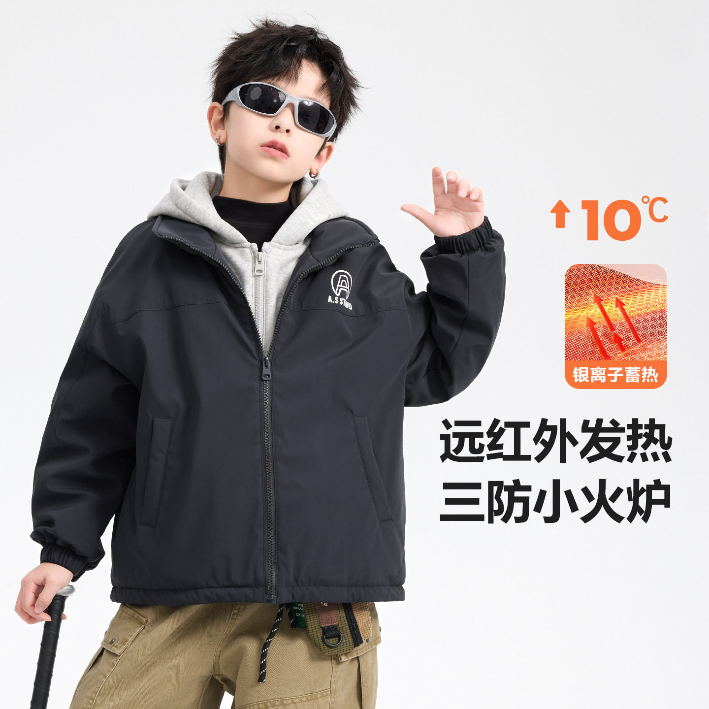 男童假两件棒球棉服冬装新款儿童夹棉连帽棉衣夹克休闲藏青色男孩