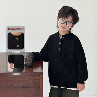 中大男童圆领针织衫休闲慵懒宽松潮男孩套头毛衣麻灰色黑110~170