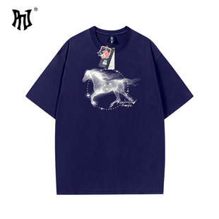 PNJ潮牌圆领短袖T恤男女款宽松落肩重磅纯棉骏马印花上衣