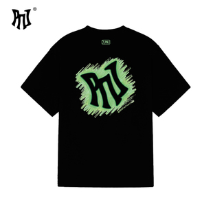 PNJ原创小众荧光绿笔触涂鸦短袖 嘻哈风重磅纯棉百搭上衣 男女同款