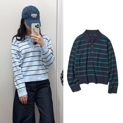 UTZYR女装柔滑棉质POLO领条纹长袖针织衫百搭宽松套头毛衣484503