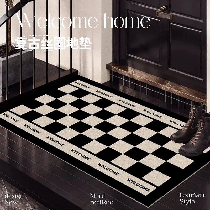 ins风黑白简约格子地毯塑
