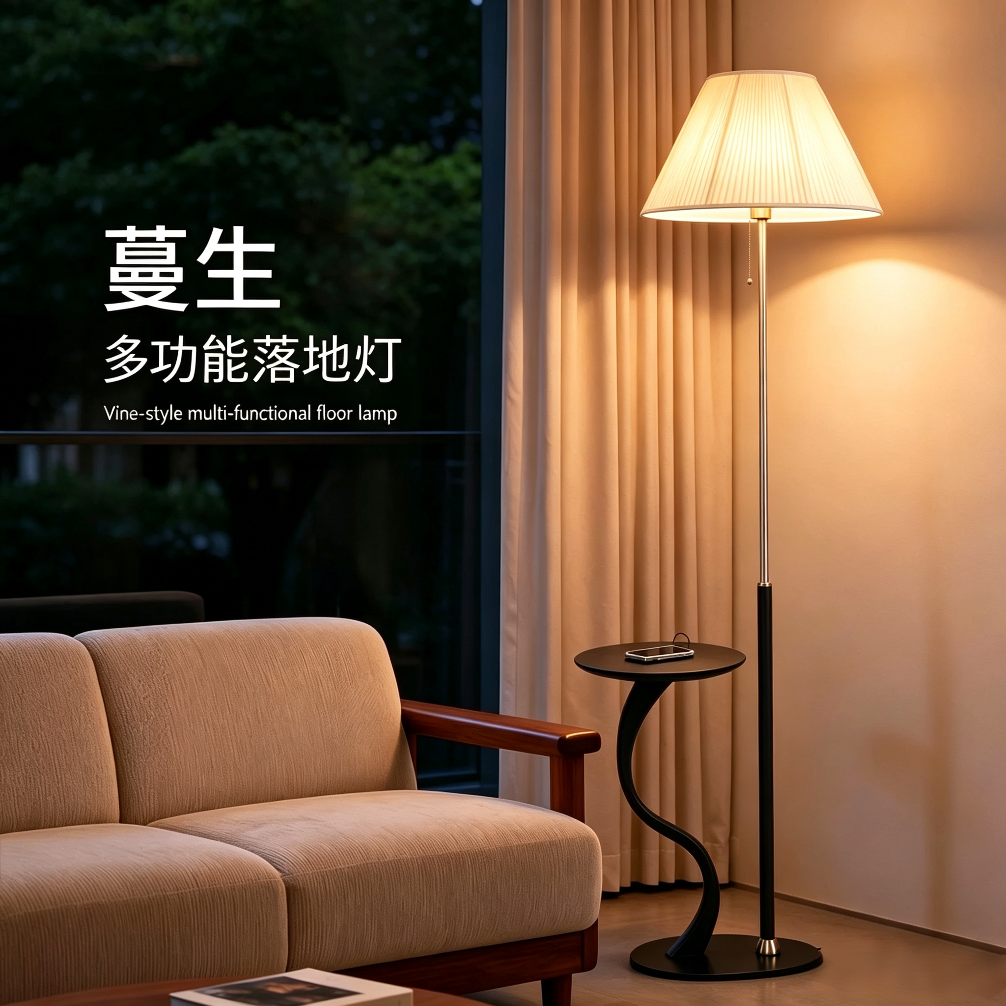 落地灯中古风置物架一体智能客厅沙发边卧室实木边几复古立式台灯
