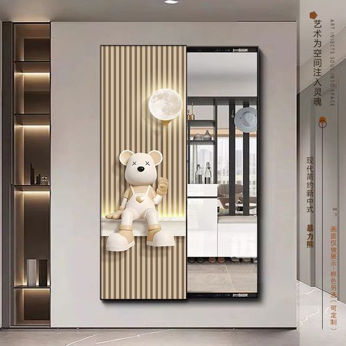网红熊隐藏式全身镜壁画入户玄关镜穿衣镜子装饰画推拉隐形镜挂画