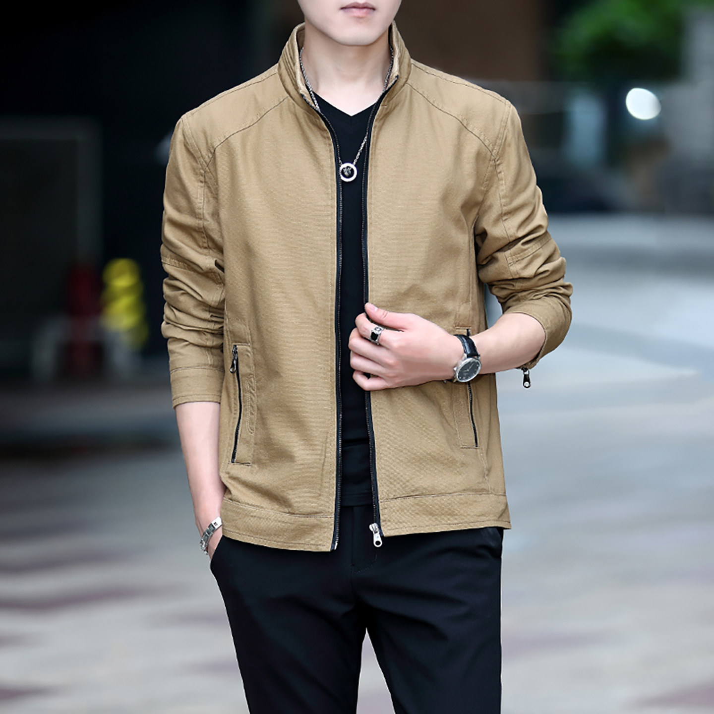 春秋男士外套纯棉年轻爸爸夹克衫薄款中老年40岁休闲立领休闲上衣