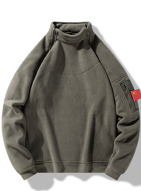 冬季户外加绒加厚战术抓绒衣防风摇粒绒国旗立领军绿色卫衣外套男