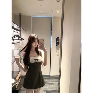 若语定制 矜贵小千金 大方领网纱拼接蝴蝶结无袖 气质连衣裙女夏季
