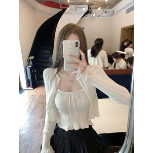 木耳边两件套 100棉特殊织法镂空吊带背心开衫 若语定制 月光少女