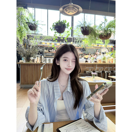 若语定制 韩系松弛感 25棉25莱赛尔条纹防晒衬衫夏季新款宽松上衣