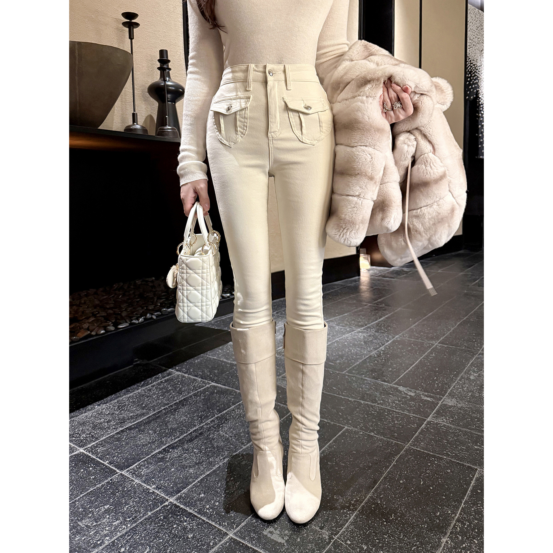 若语定制 韩女超爱的小脚裤 立体口袋磨毛牛仔裤纯欲气质紧身裤子