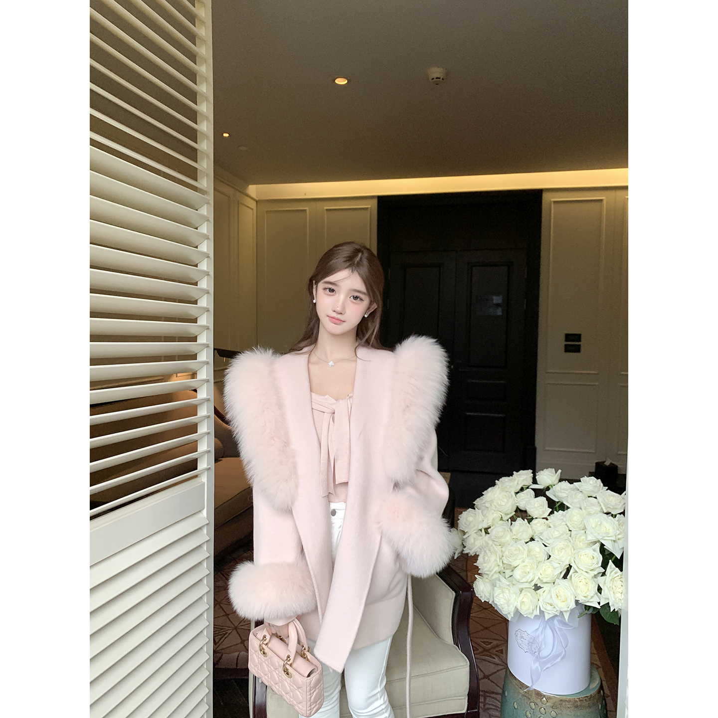 若语定制 娇养千金 100狐狸毛羊毛手工双面呢大衣高级感名媛气质