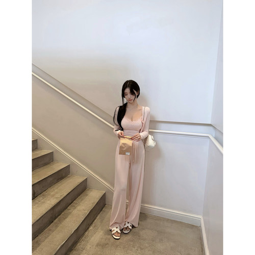 若语定制 淡人松弛系 纯欲气质简约91莱赛尔吊带开衫裤子三件套装