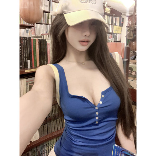 若语定制 自由呼吸感 纯欲显瘦大u领纽扣半开门襟针织背心上衣夏