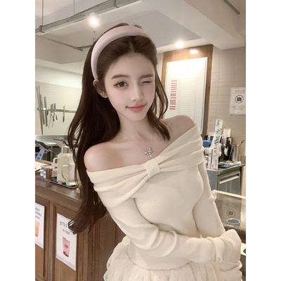若语定制 美肩滤镜 一字肩蝴蝶结针织上衣纯欲气质性感露肩打底衫