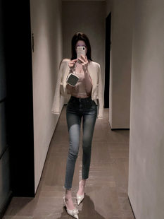 小脚牛仔裤 若语定制 定染韩国水洗色立体剪裁修身 型zui绝 穿过版