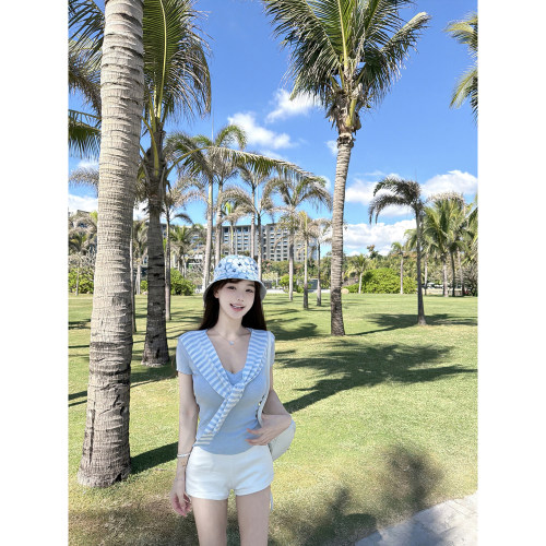 若语定制 海盐奶蓝 V领修身+披肩绵羊毛套组春夏新款显瘦上衣套装