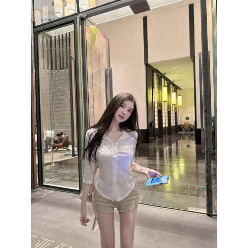 若语定制 白女松弛 70雪花棉微透中袖衬衫纯欲气质性感上衣女衬衣