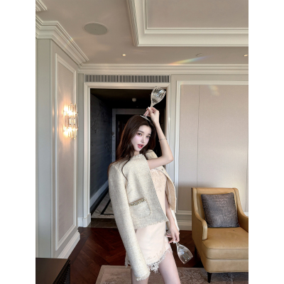 若语定制 赫本小姐 手工钉珠粗花呢小香外套早春新款气质名媛风