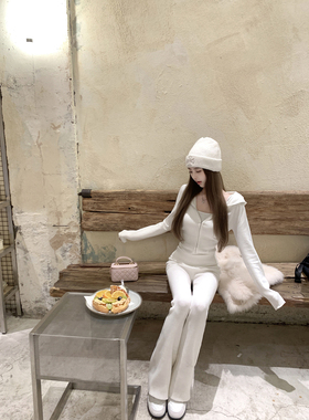 若语定制 白女偏爱 连帽拉链开衫针织裤套冬季保暖气质休闲两件套