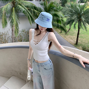 v领T恤百搭上衣 新品 若语定制 香香vtg手工串珍珠镂空针织背心夏季