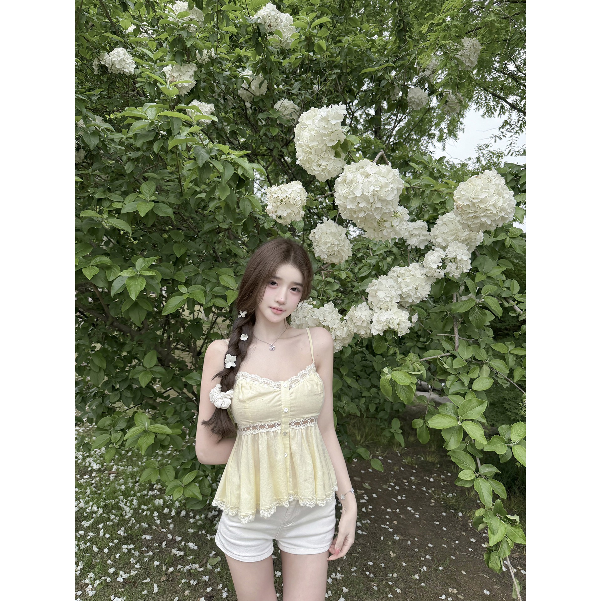 若语定制 柠檬味的夏天 纯欲气质性感定染花边亚麻棉吊带上衣夏季
