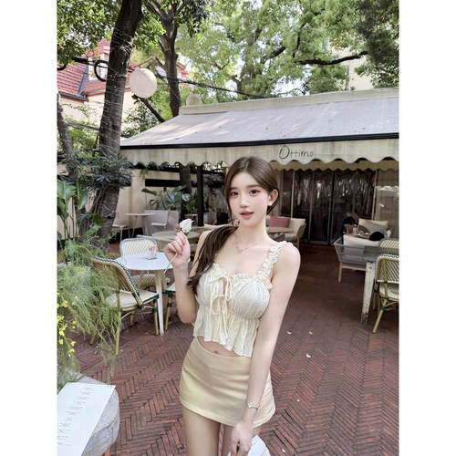 若语定制 美女感 仙女刺绣蝴蝶结上衣吊带+半裙套装时尚气质纯欲