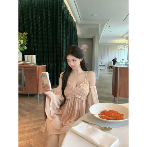 若语定制 小言女主 纯欲性感B1u*ne喇叭袖荷叶边连衣裙名媛裙子