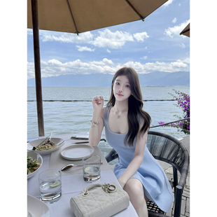 若语定制 铃兰少女 纯欲气质性感名媛裙子大U领齿状花边A字连衣裙