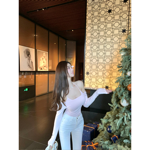 若语定制 水蜜桃 假两件挂脖针织上衣纯欲气质性感打底衫冬季新款