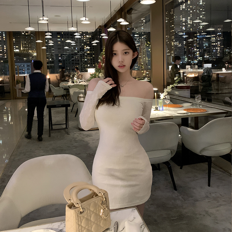 若语定制 韩女滤镜微弹一字肩暗纹蕾丝连衣裙性感修身显瘦包臀裙