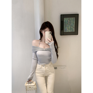 若语定制 随时心动 网纱拼接一字肩挂脖上衣纯欲长袖秋冬打底衫