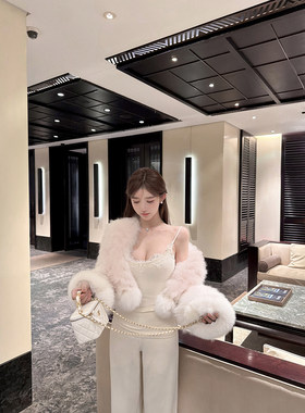 若语定制 淡颜天菜 高克重暖姜绒蕾丝吊带高腰裤子纯欲性感两件套