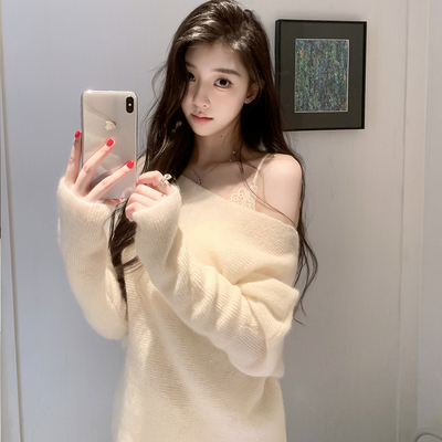 露思氛围马海毛羊毛斜边上衣