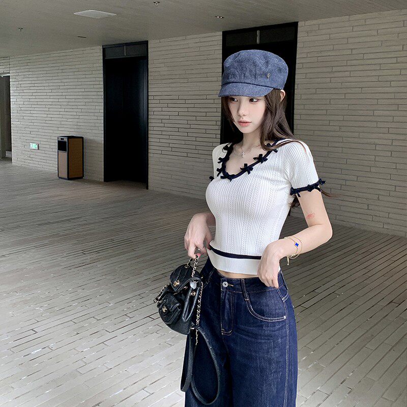 若语定制 vintage手勾蝴蝶结小香针织上衣夏季时尚百搭显瘦T恤女